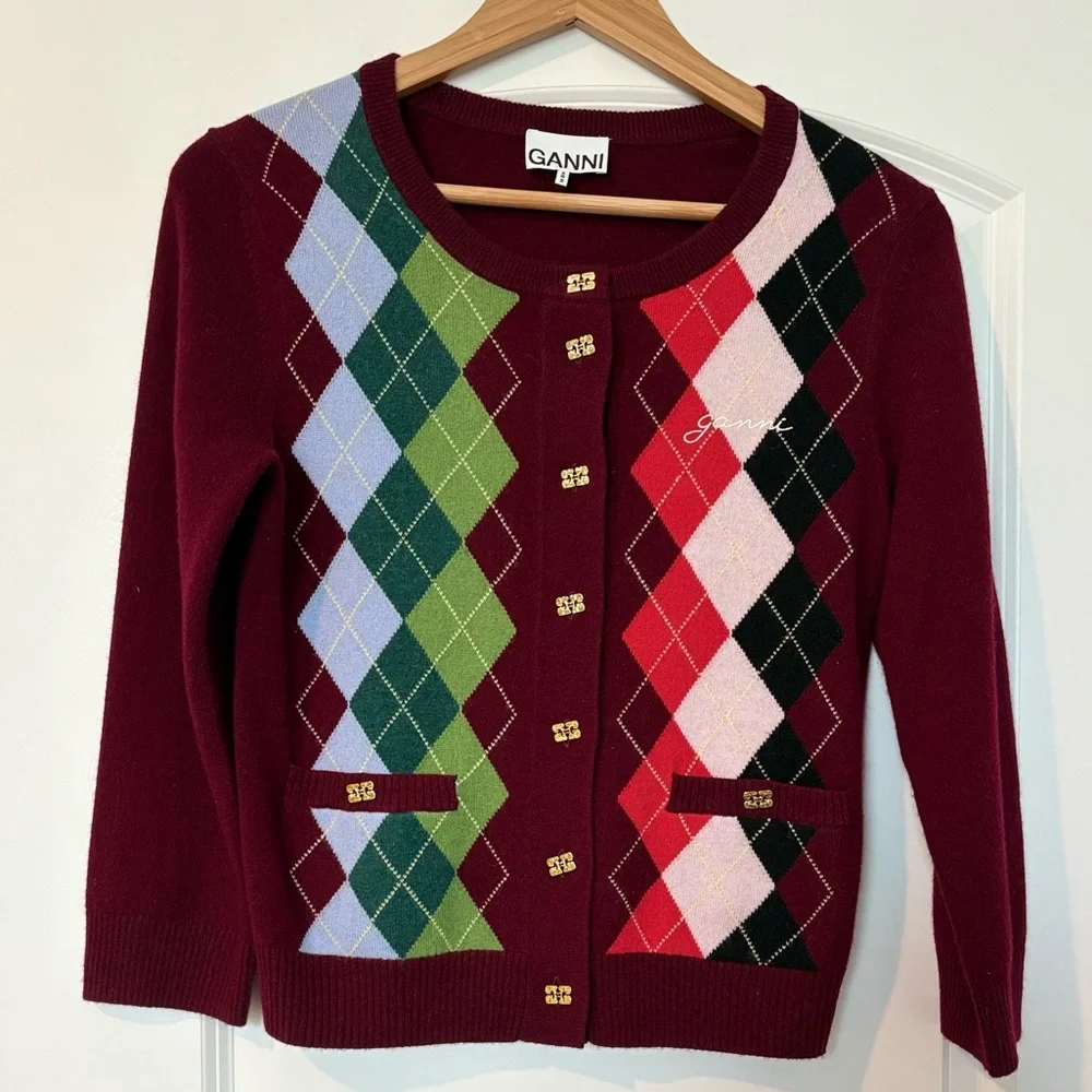 GANNI Argyle Wool-Cashmere Cardigan - Picture 2 of 10